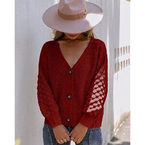 Red Chunky Cable Knit Button Down Oversized Long‎ Sleeve Sweater Cardigan Top